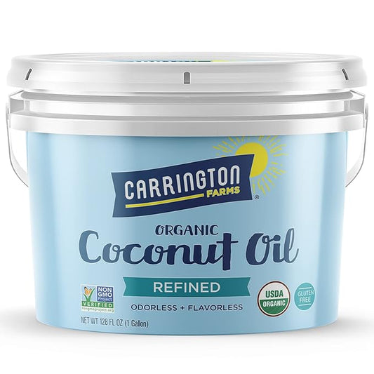 Carrington Farms Organic Refined Coconut Oil, 1 Gallon, Cold-Pressed, Non-GMO, Gluten-Free, Perfect for Cooking, Baking, Skin Care, Hair Oil, MCTs, 128 fl oz ??Nutrient-Rich, No Trans Fats