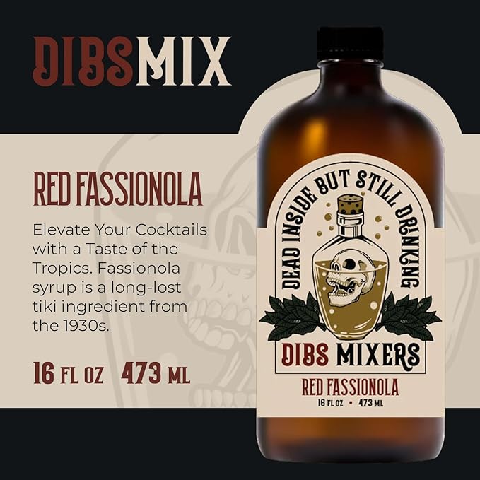 Dibs Mixers Red Fassionola - Tropical Cocktail Syrup with Strawberry, Hibiscus, Passionfruit & More - Mixer for Cocktails & Mocktails - 16oz