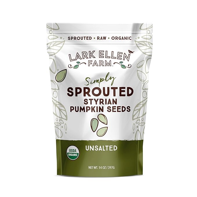 Lark Ellen Farm Sprouted Specialty Gourmet Premium Organic Styrian Pumpkin Seeds from Austria, Large Gourmet Unsalted Raw Pumpkin Seeds Organic, Pepitas, Vegan, Non GMO, Gluten Free, Paleo, and Keto Friendly (14 oz, 6 Pack)