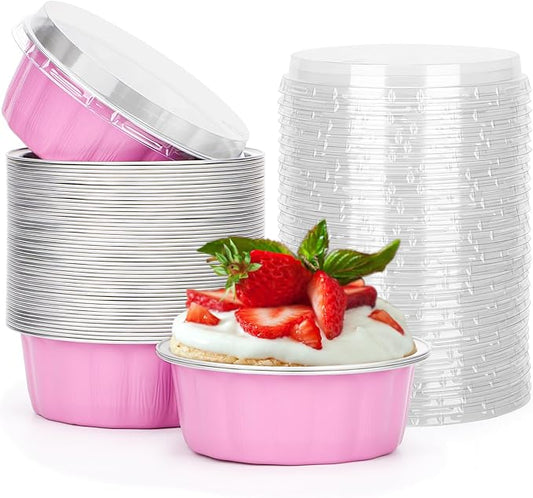 Beasea 8 oz 50 Pack Disposable Ramekins with Lids - Pink Aluminum Foil Cups for Creme Brulee, Muffin, Cupcake, Pudding, Party, Wedding, Birthday Baking