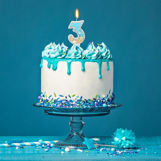 3rd Birthday Candle for Cake, Beach Starfish Sequins Candles, 2.76 inch Cake Topper Decoration for Birthday Party (Number 3)