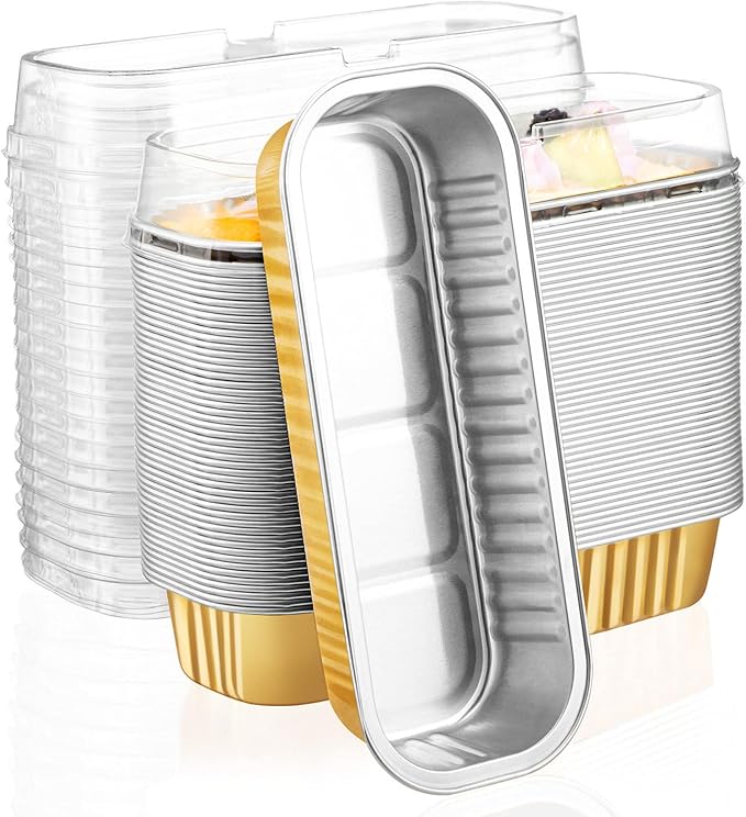 EUSOAR Gold Cupcake liners with Lids, 50pcs 6.8oz 6.5"x2.5"x1.2" Aluminum Disposable Ramekins Pan with Lids，Cupcake Baking Cups Containers Wrappers Dessert Cheesecake Creme Brulee Mini Loaf Cake Pan