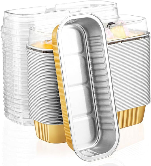 EUSOAR Gold Cupcake liners with Lids, 50pcs 6.8oz 6.5"x2.5"x1.2" Aluminum Disposable Ramekins Pan with Lids，Cupcake Baking Cups Containers Wrappers Dessert Cheesecake Creme Brulee Mini Loaf Cake Pan