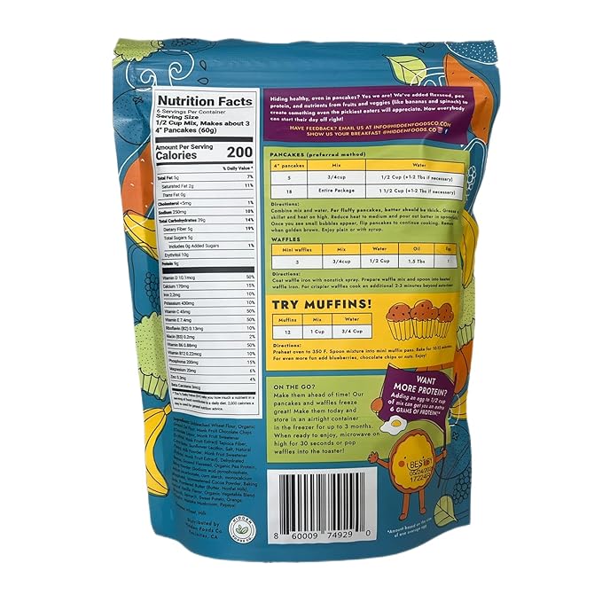 Hidden Foods Chocolate Pancake Mix with Monk Fruit ??Chocolate Chip Pancakes Perfect Breakfast - Fiber and Protein Choco Pancake Mix with Wheat & Oat Flour Blend of Vegetables - Waffle Mix 2 Pack
