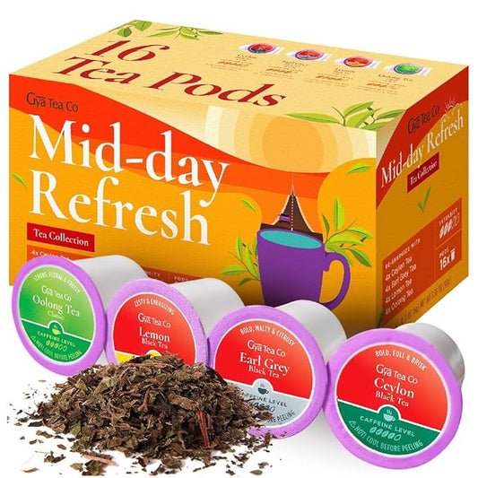 Gya Tea Co Mid-Day Refresh Tea Gift Set (16 ct) - Assorted Tea Pod Variety Pack with Ceylon, Lemon, Oolong & Earl Grey 4 Flavors for Refresh & Energy
