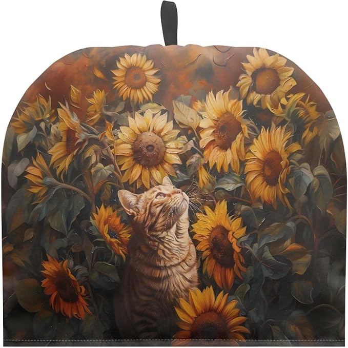 Cute Orange Cat Tea Cosy for Teapot Sunflower Pattern Customized Teapot Covers Cover with Handle Kitchen Kettle Dust Cover for Keeping Warm Machine Washable Tea Cosy Fabric Quilted Padding