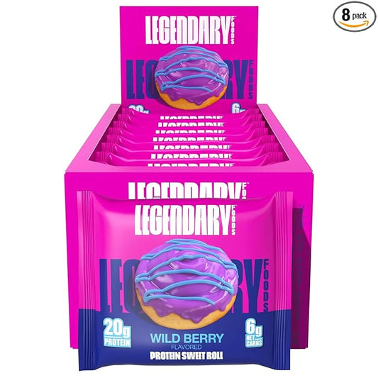 Legendary Foods 20g Protein Wild Berry Sweet Roll - Premium High Protien Bars, Low Carb Meal Replacement Snack, Low Glycemic Index, Gluten Free Snacks - Zero Sugar, Keto and Diabetic Friendly 8-Pack
