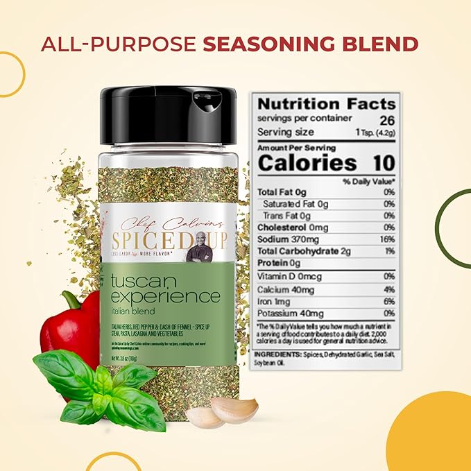 Spiced Up Tuscan Experience Seasoning – Italian Herb Blend with Garlic, Fennel & Tomato – All-Purpose Mediterranean Spice Mix for Pasta, Steaks & Veggies – Vegan, Gluten-Free, Non-GMO – 4.4 oz