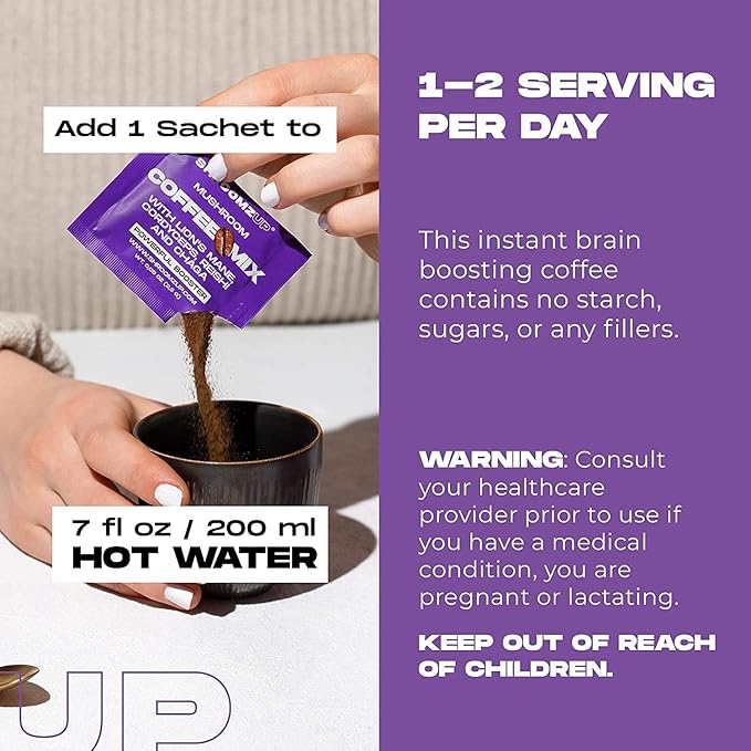 Shroomzup Mushroom Coffee Instant - 15 Single Serve Packets with 4 Mushrooms - Lion’s Mane, Reishi Chaga Cordyceps - Vegan Nootropic Coffee for Energy