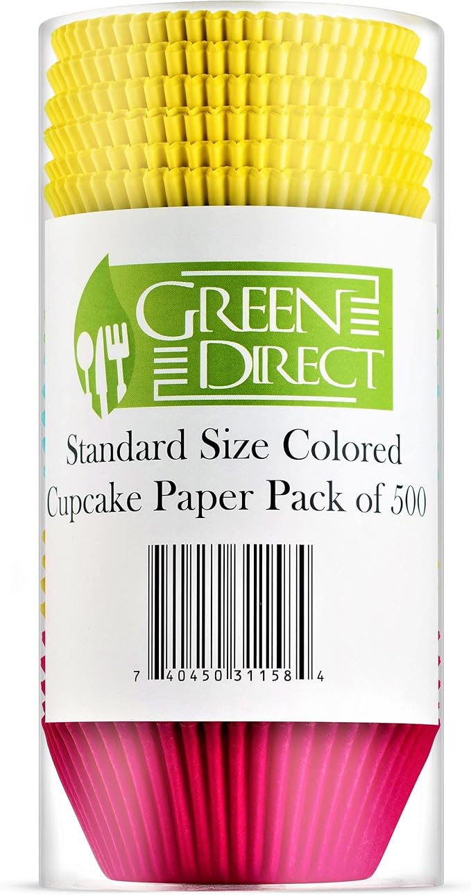 Green Direct Cupcake Liners - Standard Size Cupcake Wrappers to use for Pans or carrier or on stand - Multi bright Colors [Blue - Pink - Yellow - Green - Orange] Paper Baking Cups Pack of 500