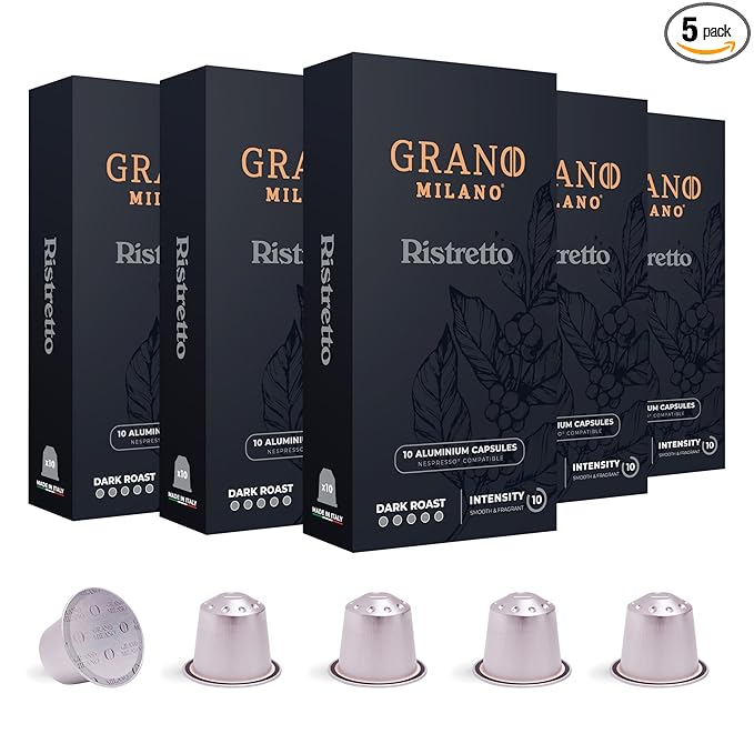Grano Milano Ristretto Coffee Capsules - 50 Aluminum Coffee Pods Compatible with Nespresso Original line, Dark Roast - Intensity 10/12, Made in Italy
