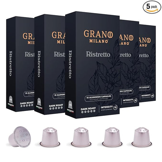 Grano Milano Ristretto Coffee Capsules - 50 Aluminum Coffee Pods Compatible with Nespresso Original line, Dark Roast - Intensity 10/12, Made in Italy
