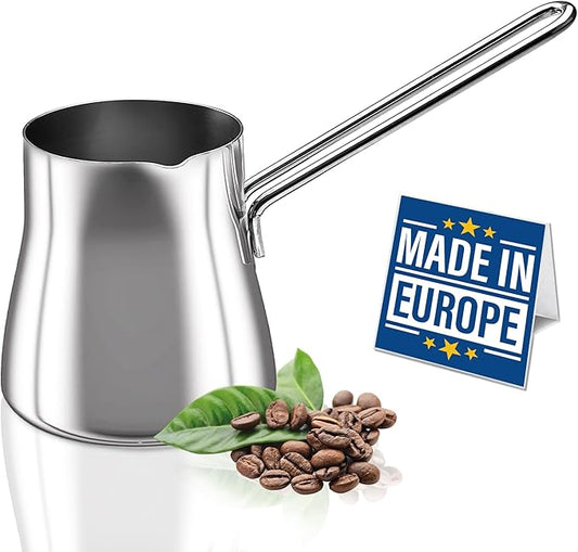 Crystalia Turkish Coffee Pot 18/10 Stainless Steel, Stove Top Tea Maker, Milk Warmer, Greek Arabic Coffee Cezve Briki, 29 oz (Silver, Large)