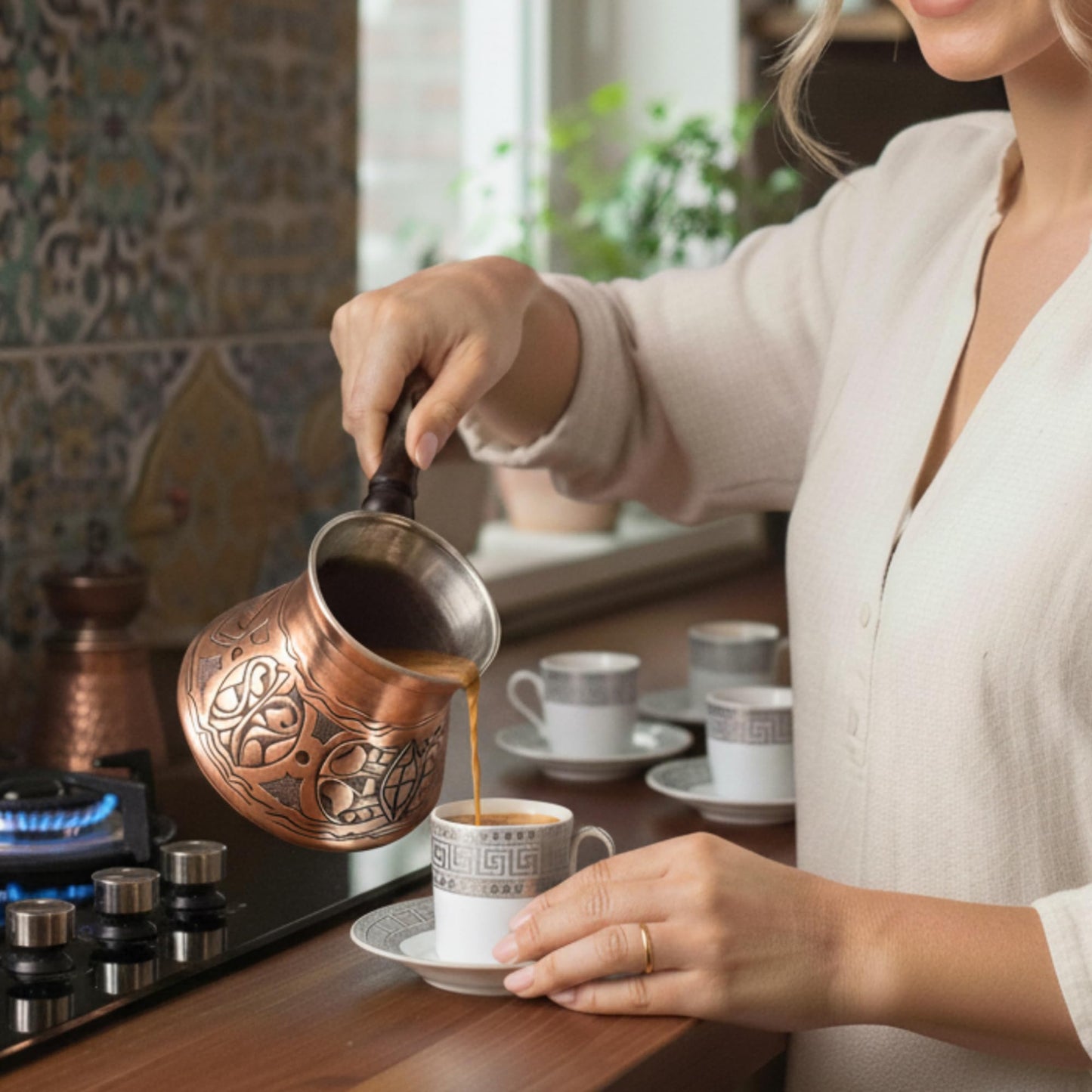 BCS 18 oz Handmade Copper Turkish Coffee Pot, Hand-Engraved Cezve & Spoon