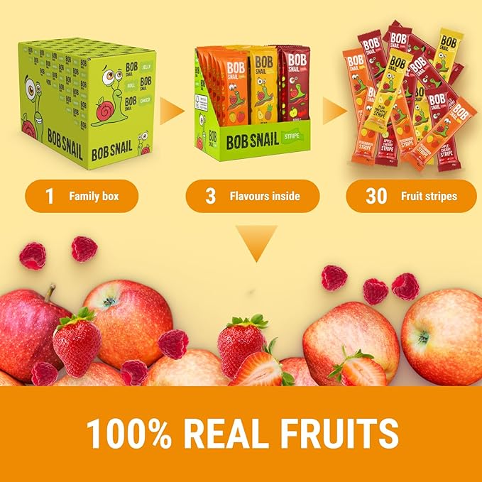 BOB SNAIL Healthy Organic Fruit Snacks for Kids and Adults ??30 Organic Fruit Leather Snacks with Persimmon, Pear-Pineapple,Cherry ??Vegan Low-Carb Variety Pack Strips for Kids ??Sugar Free Jerky Bars