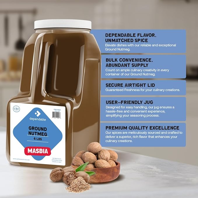 Dependable Foods Ground Nutmeg – 6 Lb. Bulk Jar - Non-GMO, Kosher, Salt-Free, Allergen-Free Seasoning | Exquisite Spice Fusion