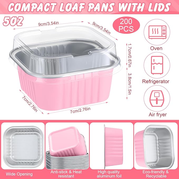 200 Pack 5 oz Square Baking Cups with Lids Aluminum Foil Mini Cake Pans with Lids Disposable Ramekins Tins Dessert Containers Cupcake Pans for Souffle Home Wedding Birthday Party Picnic (Pink)