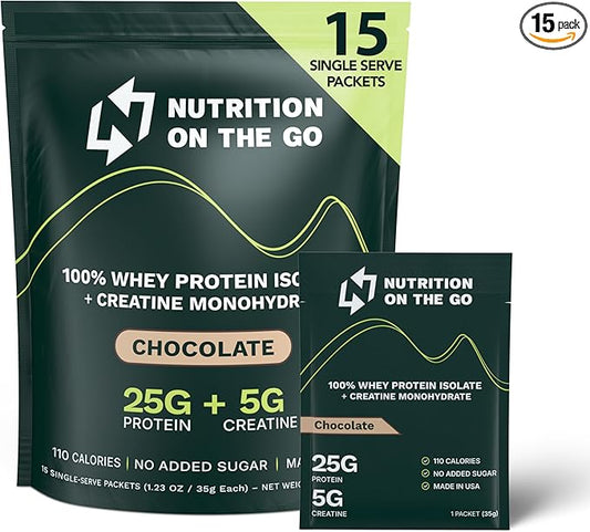Travel Whey Protein Isolate Packets ??Single-Serve Protein Powder ??25g Protein + 5g Creatine ??Chocolate (15-Pack)