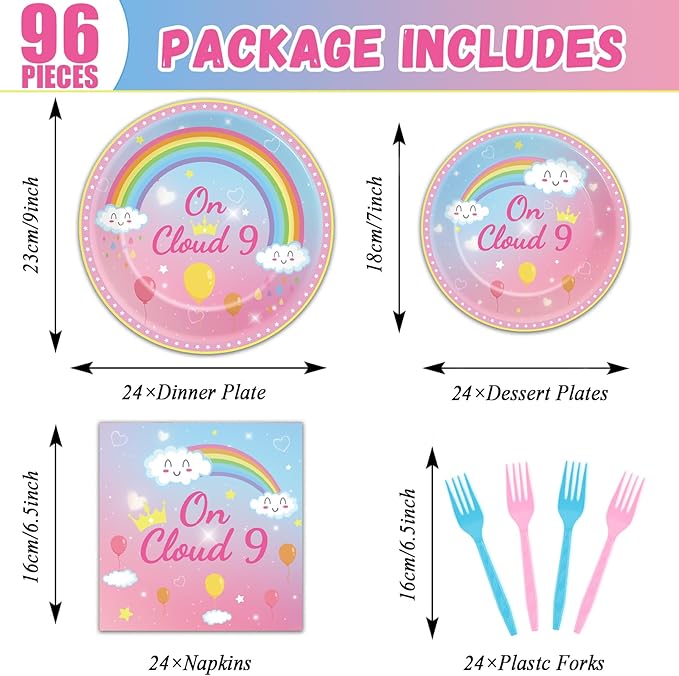 96 Pcs On Cloud 9 Birthday Decorations for Girls On Cloud 9 Party Plates and Napkins Supplies 9th BirthdayTableware Set Rainbow Themed Party Favors Serves 24 Guests