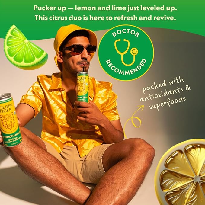 Golden Tiger Turmeric Sparkling Lemonade, Lemon Lime 12-Pack ??Curcumin & Ginger for Inflammation ??Sparkling Wellness Drink with Organic Superfoods + Antioxidants for Recovery, Immunity, Gut Health - 4g Sugar, 20 Calories