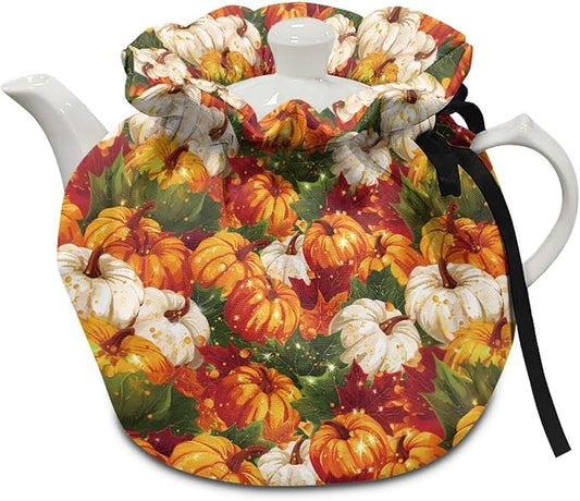 Pumpkin Tea Cozy for Teapot Insulated for Halloween Day Dust Proof Tea Pot Cozy for Keeping Warm,Resuable Teapot Insulation Cover with Drawstring,Soft & Washable
