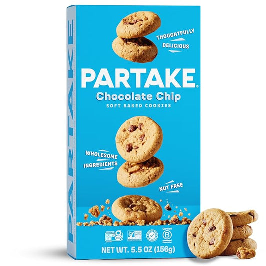 Partake Gluten Free Soft Baked Chocolate Chip Cookies - Vegan - Free From the Top 9 Allergens Including Dairy, Wheat, Soy, Eggs, & Peanuts - Non GMO - Safe School & Office Snack (1 Pack, 5.5oz Box)