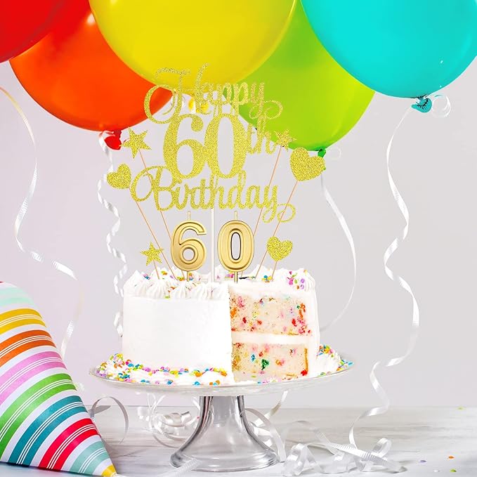 60th Birthday Cake Decorations Set Include 60th Birthday Candles Numeral 60 Cake Candles and Happy 60th Birthday Cake Toppers with Heart Star Cupcake Picks for Birthday Party (Gold Series)