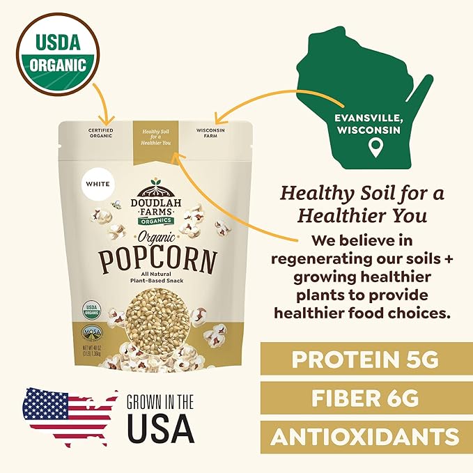 Organic White Popcorn Kernels Unpopped 3 lb - Healthy, Non-GMO, Gluten-Free, Pesticide-Free, Chemical-Free, Glyphosate-Free, Grown in Regenerative Soil in Wisconsin USA by Doudlah Farms