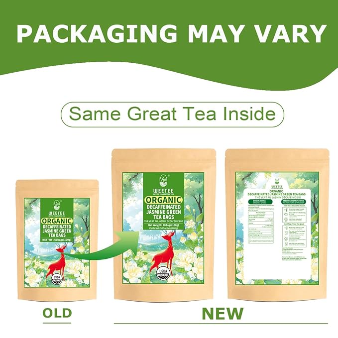 Organic Decaf Jasmine Tea Bags, Decaffeinated Green Tea Infused with Jasmine Aroma, Refreshing & Relaxing, Tagless, Sugar Free