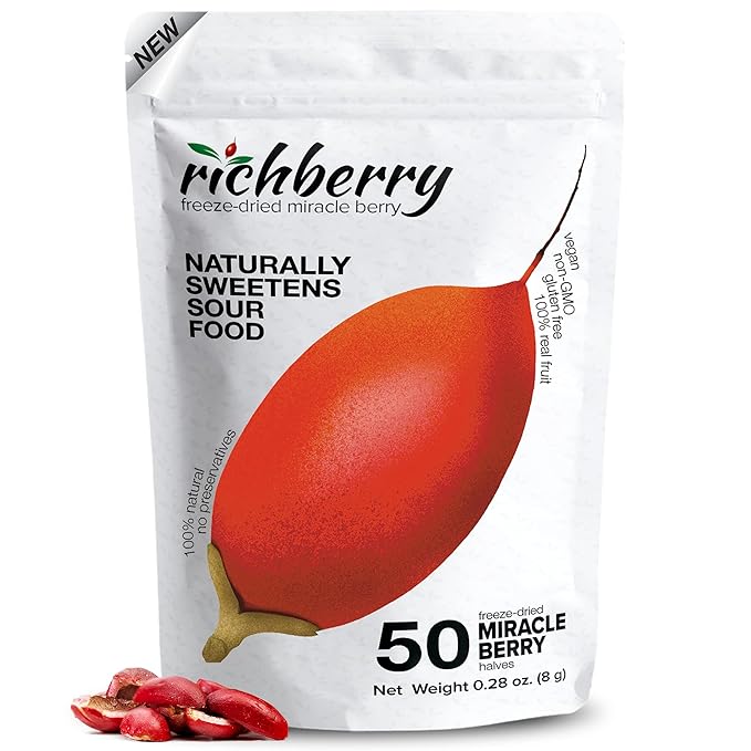 Miracle Berry by richberry, 50-Halves, Freeze Dried Premium Fruits, 100% Real Fruit, No Preservatives, Naturally Sweetens Sour Food, Great for Snacks and Taste Tripping
