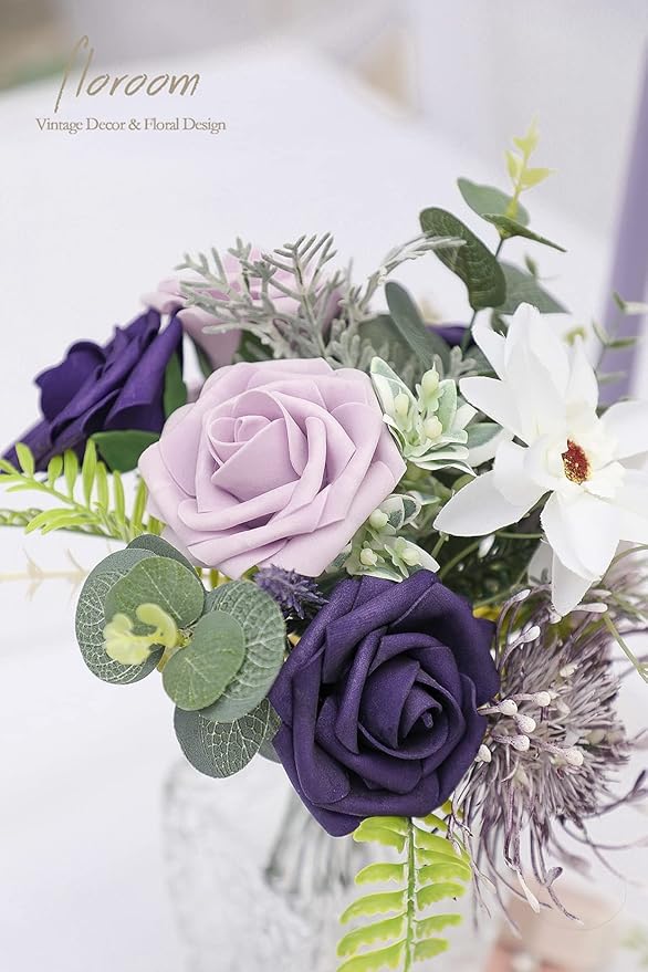 Floroom Artificial Flowers 25pcs Real Looking Lilac & Purple Foam Fake Roses with Stems for DIY Wedding Bouquets Bridal Shower Centerpieces Floral Arrangements Party Tables Home Decorations