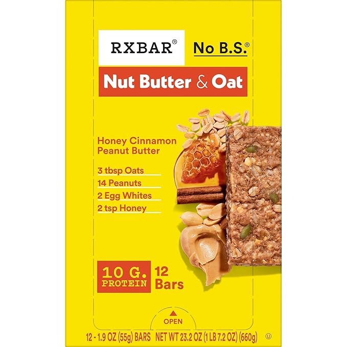 RXBAR Nut Butter and Oat Protein Bars, Protein Snacks, Snack Bars, Honey Cinnamon Peanut Butter, 23.2oz Box (12 Bars)