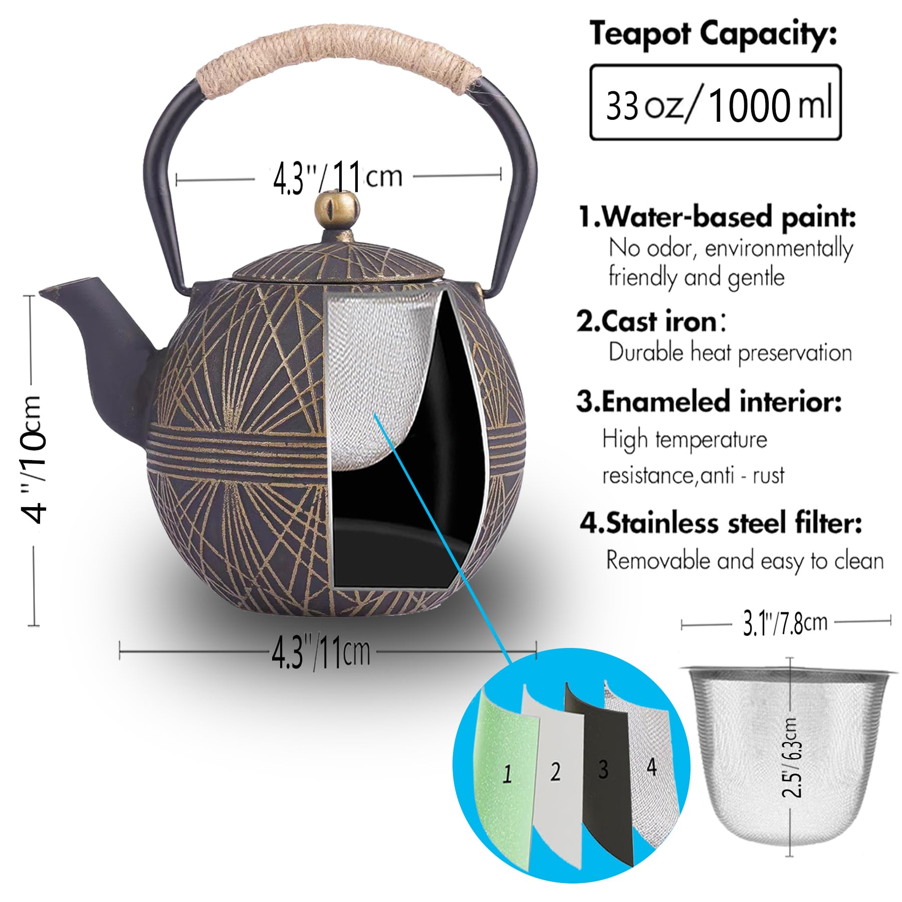 GOTOSOBAY Cast Iron Teapot 34oz with Infuser, Geometric Pattern Enamel