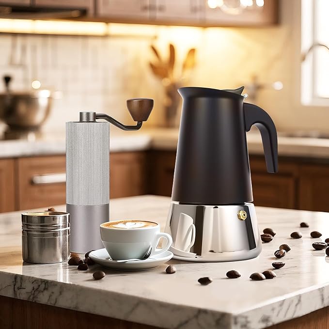 Moka Pot, 6 Cups (10.6 oz) Stovetop Espresso Maker, 304 Stainless Steel Moka Pot, Induction Compatible, Black