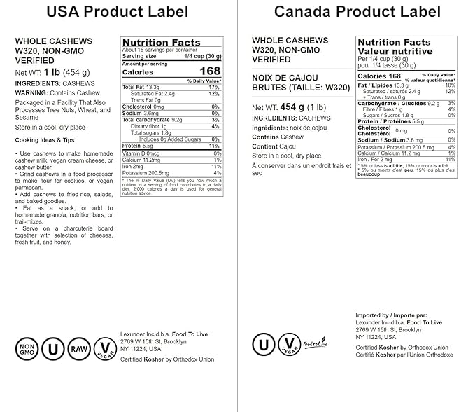 Food to Live Raw Cashews, 1 Pound ??Non-GMO Verified, Deluxe Whole Nuts, Unsalted, Unroasted, Size W-320, Vegan, Kosher, Bulk