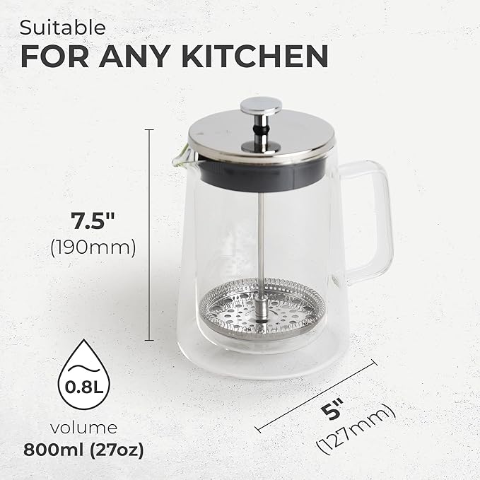 Kaffe Glass French Press Coffee Maker (27oz / 0.8L) - Double-Wall Insulated Borosilicate Glass Coffee Press - Travel & Camping - Homemade French Press Coffee