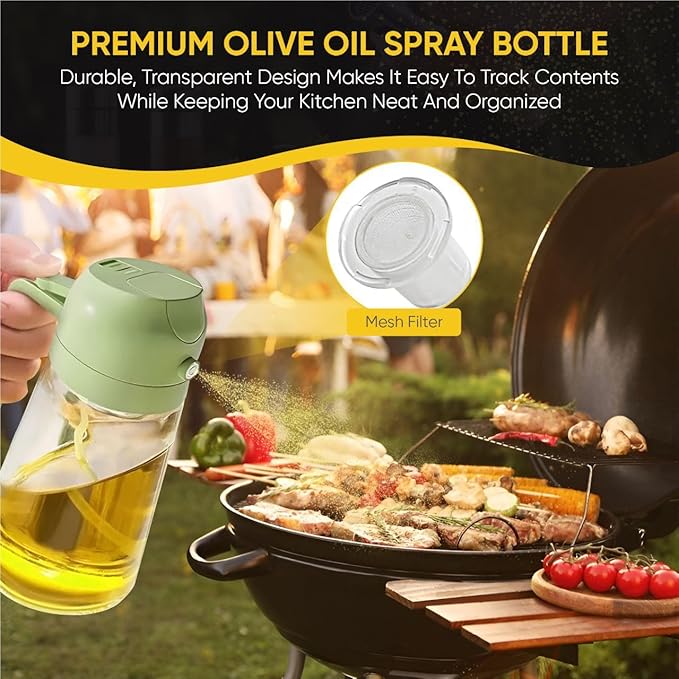 2-in-1 Olive Oil Dispenser Bottle, Spray and Pour, Multi-Use Kitchen Gadget, Food-Grade, Salad Dressing, Air Fryer, Healthy, BBQ, Barbecue (Green)