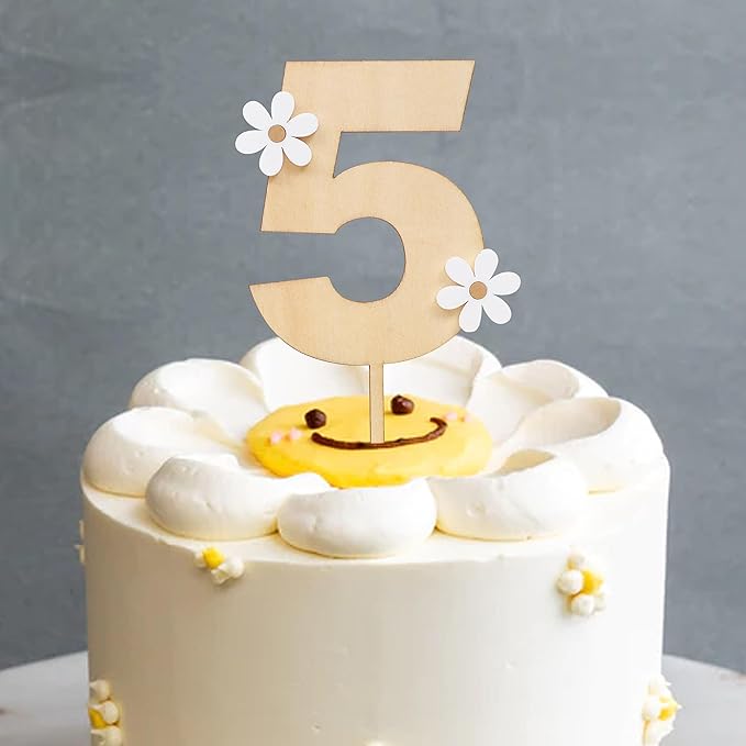 Wooden Daisy Cake Topper For 5th Birthday - Daisy Birthday Party Decor, Retro Groovy Birthday, Boho Birthday, Wooden Cake Decorating Supplies, 5th Anniversary (Daisy 5 Cake Topper)