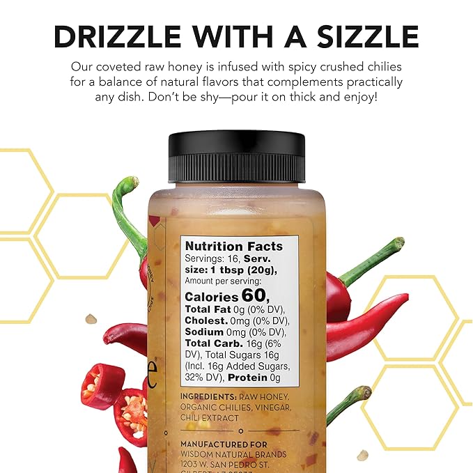 Drizzle Hot Honey - All Natural Raw Spicy Honey Sauce, Infused with Organic Chilies, Unfiltered & Unheated, Versatile Use for Cooking, Certified Kosher, Gluten Free - 11.6 oz (330 g)