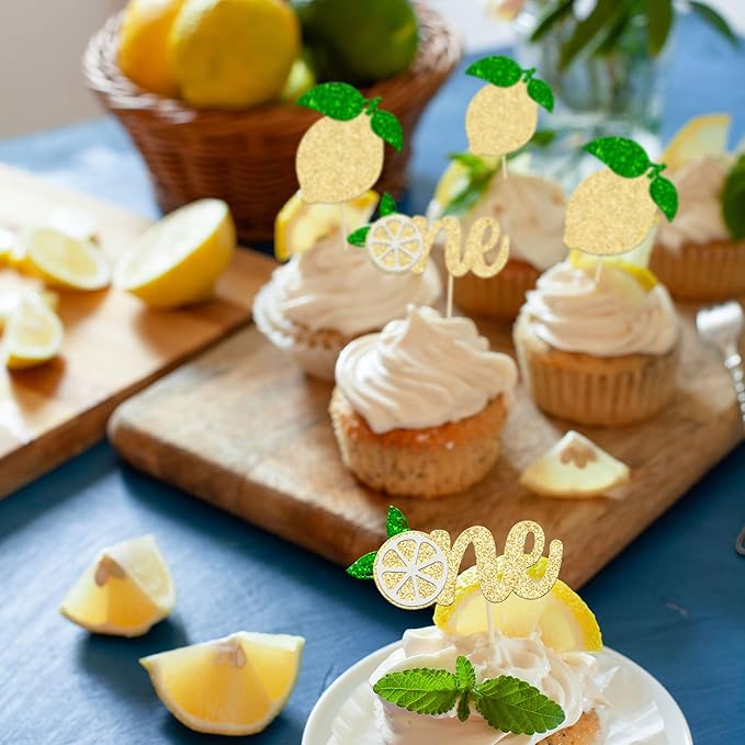 24Pcs Lemon One Cupcake Toppers Glitter Fruit Lemonade First Birthday Cupcake Picks for Lemon Theme Baby Shower 1st Birthday Party Cake Decorations Supplies