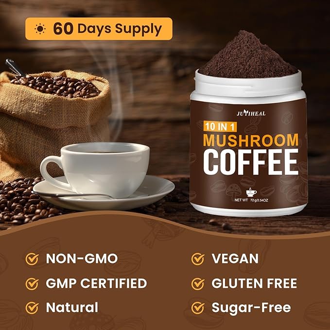 JUYIHEAL Mushroom Coffee, 10 in1 Mushroom Powder Coffee with Lions Mane, Chaga, Reishi, Cordyceps, Maitake, Shiitake, and Turkey Tail for Energy, Focus, Immune Support, 72g