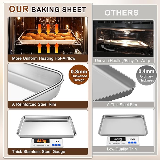 Commercial Quality Stainless Steel Baking Sheet, Bakeware Nonstick Quarter Sheet Pan, Warp Resistant Cookie Sheets for Baking, Baking Sheet Pan Oven Tray, Heavy Duty & Dishwasher Safe (9" x 13" x 1")