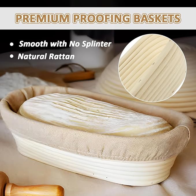 Oval Proofing Basket Set (14x6 inch), Baguette Banneton Bread Proofing Basket and Linen Liner Set for Home Baking, 2 Set
