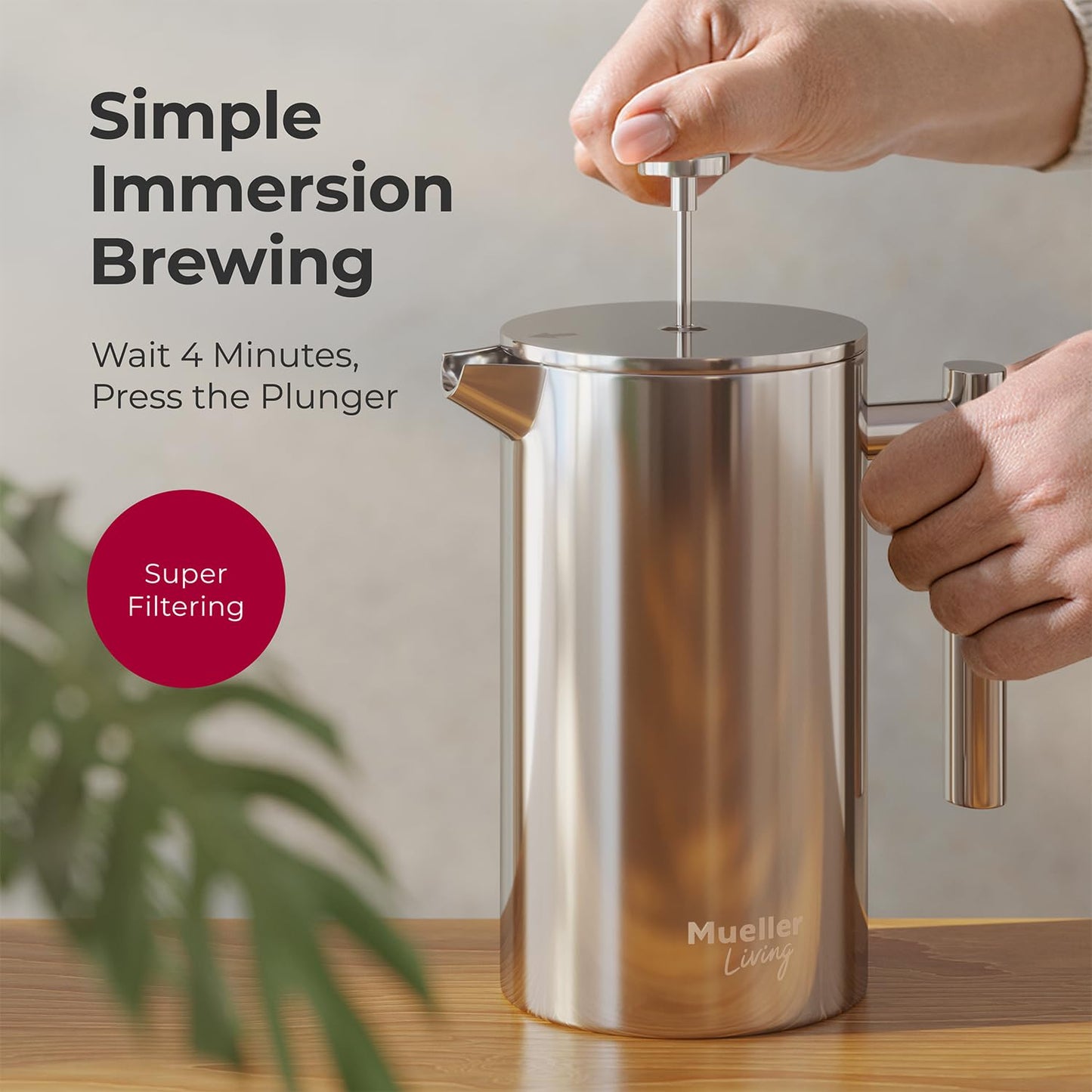 MuellerLiving French Press Coffee Maker 34oz, Stainless Steel French Press Coffee, 4 Filter Heat