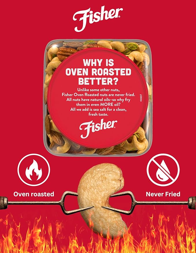 Fisher Oven Roasted Never Fried Mixed Nuts with Peanuts, 24 Ounces (Pack of 1), Peanuts, Almonds, Cashews, Pistachios, Pecans, Trail Mix, Healthy Snacks for Adults, Made With Sea Salt, No Added Oils