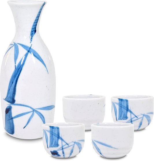 Product of Gifu Japan Japanese Sake Set, 1 Tokkuri Bottle Carafe and 4 Ochoko Cups Ceramic Sake Glasses, 5 Piece Set, White Nashijidake