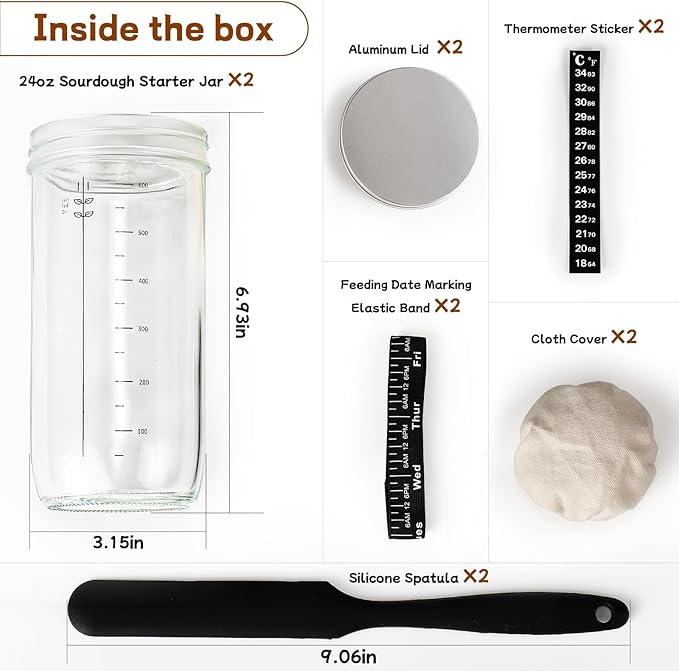 DWTS DANWEITESI Sourdough Starter Jar with Date Marked Feeding Band, Thermometer, Sourdough Fermentation Jar Scraper, Sewn Cloth Cover & Aluminum Lid, Sourdough Starter Kit Reusable(2pcs/24oz)