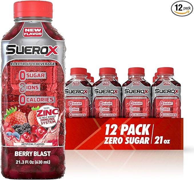 SueroX Sugar Free Sports Drink for Hydration and Recovery, Electrolyte Hydration Drink with 8 Ions, Zero Calorie Sports Drinks, Berry Blast, 21.3 Fl Oz, 12 Count