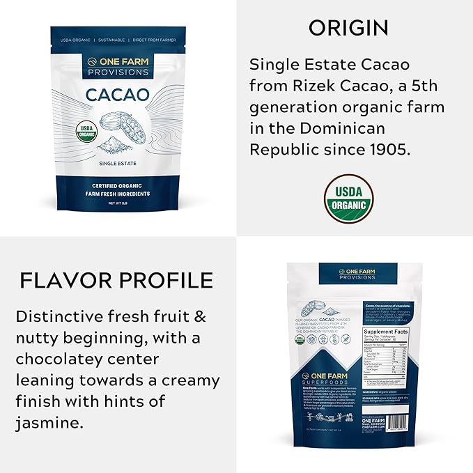 One Farm by WAAYB Organic Cacao, Single Estate, Non-GMO, Fair-Trade, Vegan, Gluten Free, 100% Raw Rizek Cacao in Resealable Bag for Cooking, Smoothies, Lattes & Baking (1 lb, Powder)