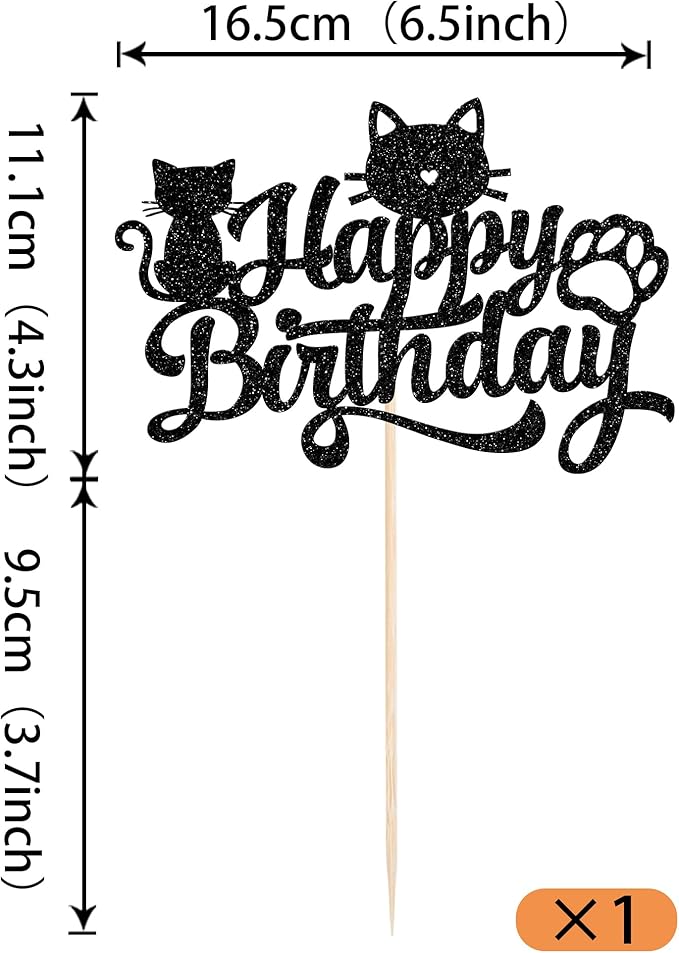 1 Pack Cat Happy Birthday Cake Topper Glitter Black Lovely Cat Cupcake Food Picks Cat Lover Kitten Pet Theme Baby Shower Kids Birthday Wedding Party Cake Decoration Supplies Black